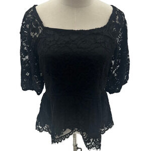 Nanette Lepore Black Lace Peplum Lined Short Sleeve Top- M